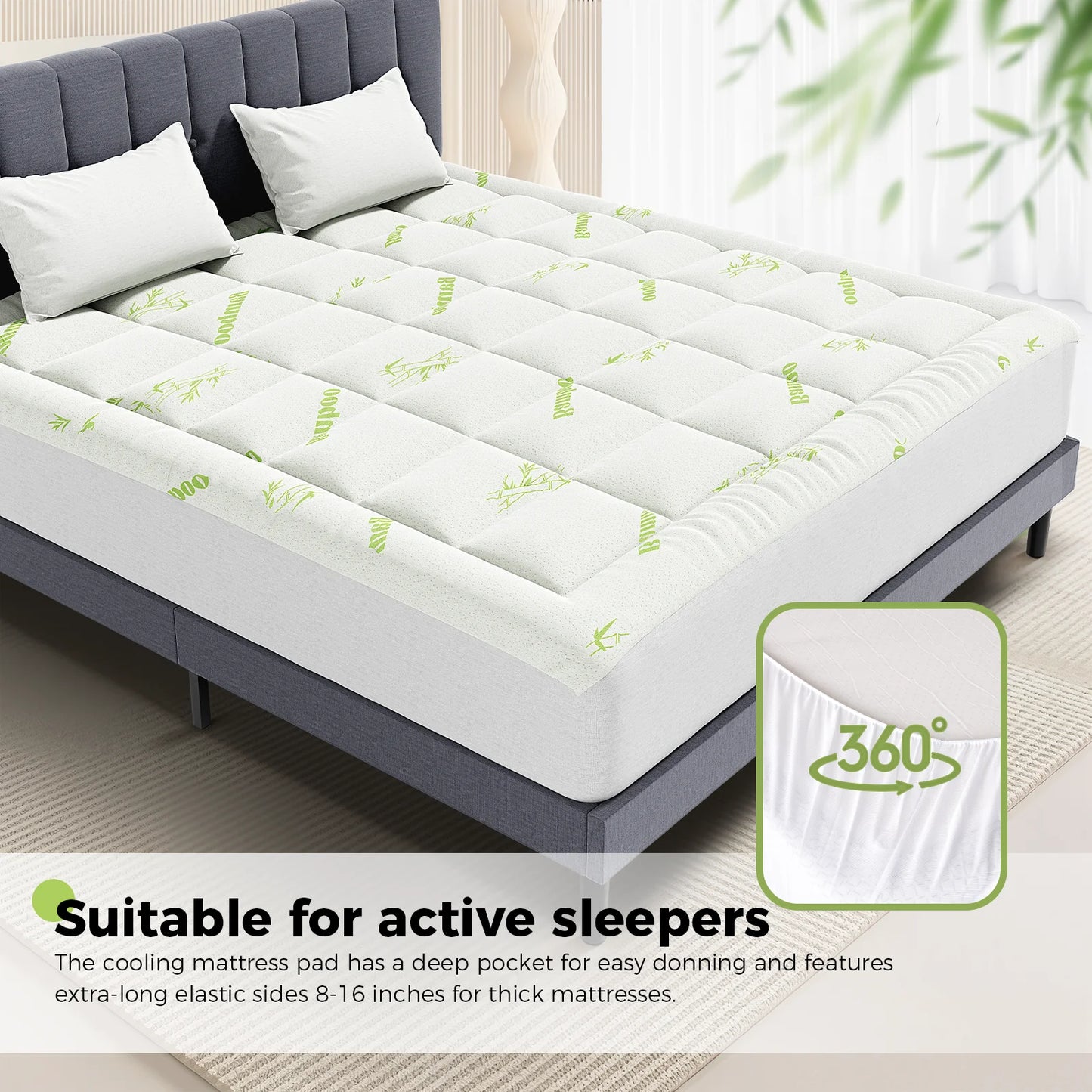 JHK Bamboo Fiber Deep Pocket Mattress Topper