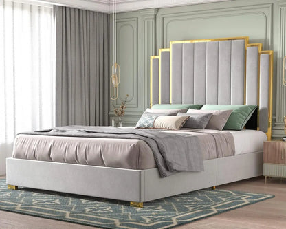 King Upholstered Platform Bedframe with Gold Trim Headboard