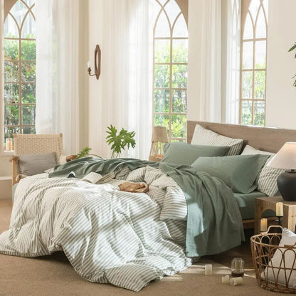 King Bedding Sheet Set 100 Washed Cotton Linen, Heather Green