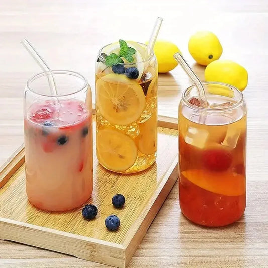6pcs 18.6oz/550ml Drinking Glasses with Bamboo Lids and Glass Straw