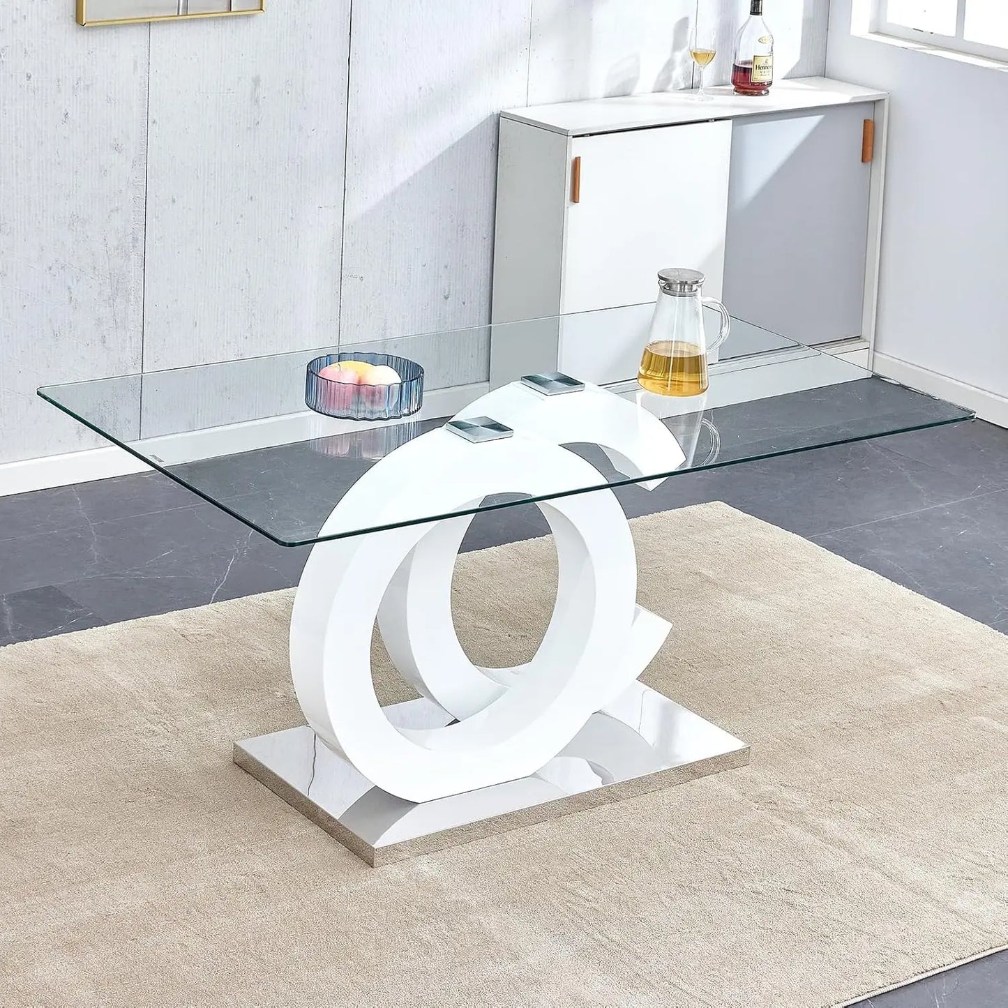 Modern Rectangular Marble Top Dining Table with Black Open-Concept Design Base