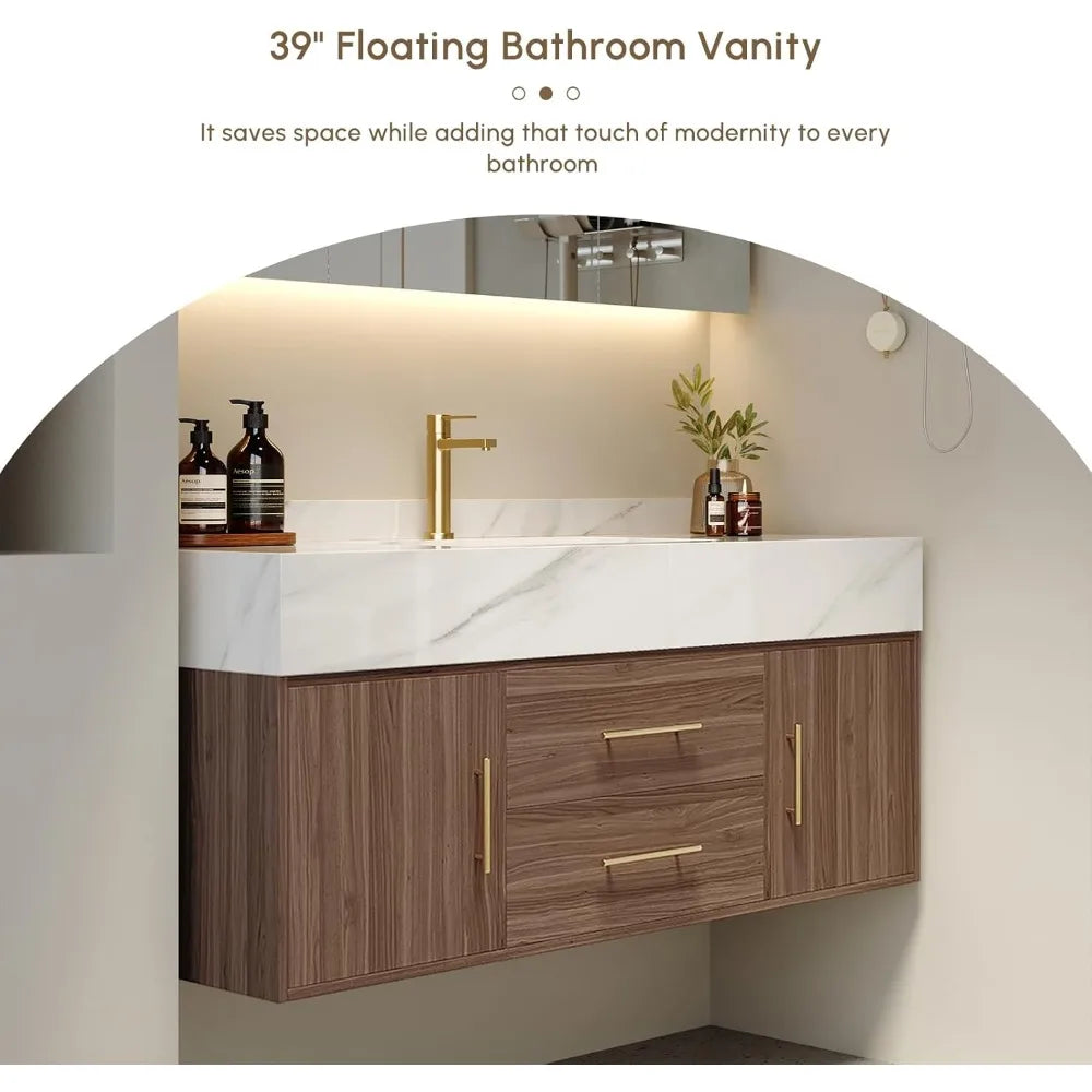 Floating Bathroom Vanity with Sintered Stone Vessel Sink 2 Drawers
