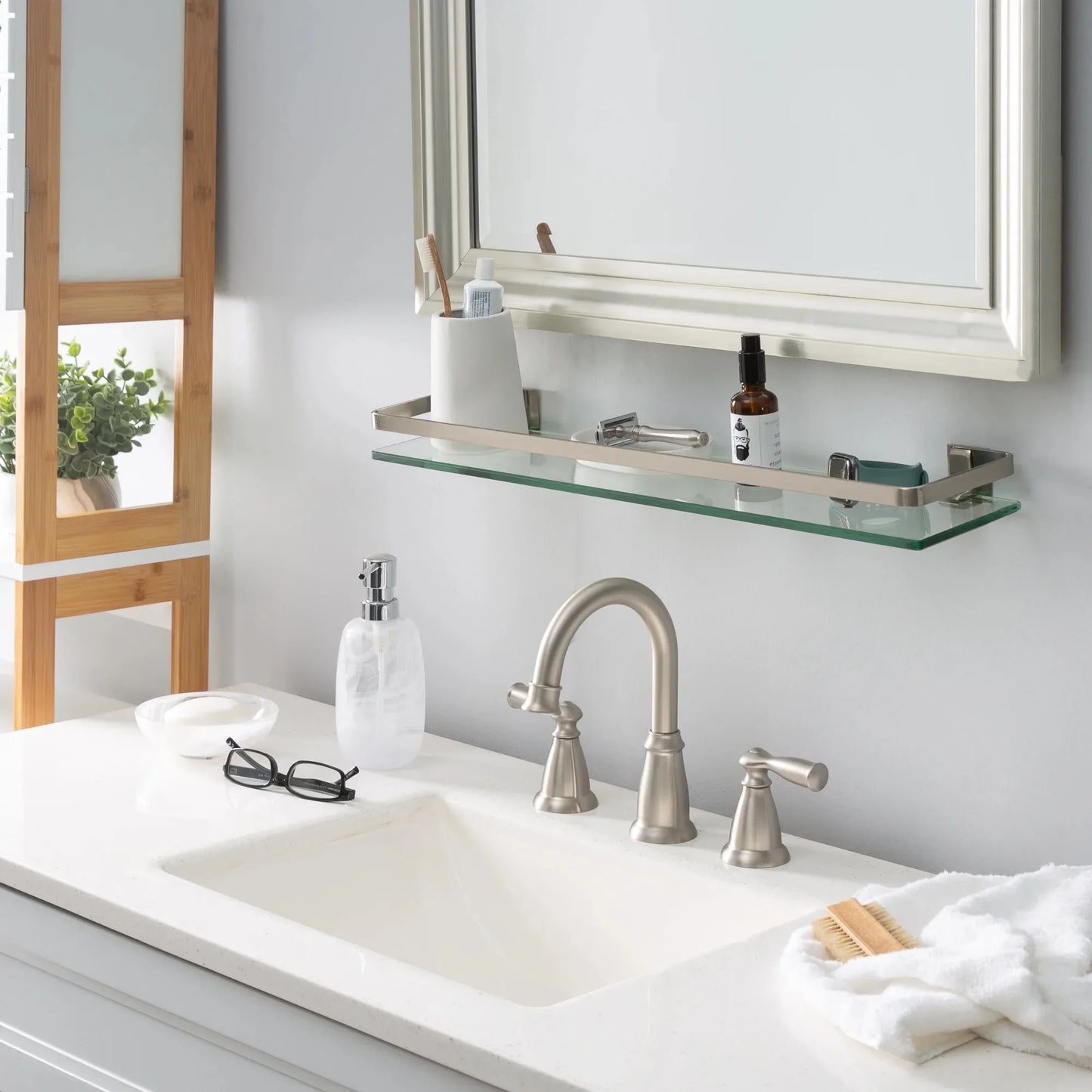 Decorative Glass Bathroom Shelf with Nickel Rail