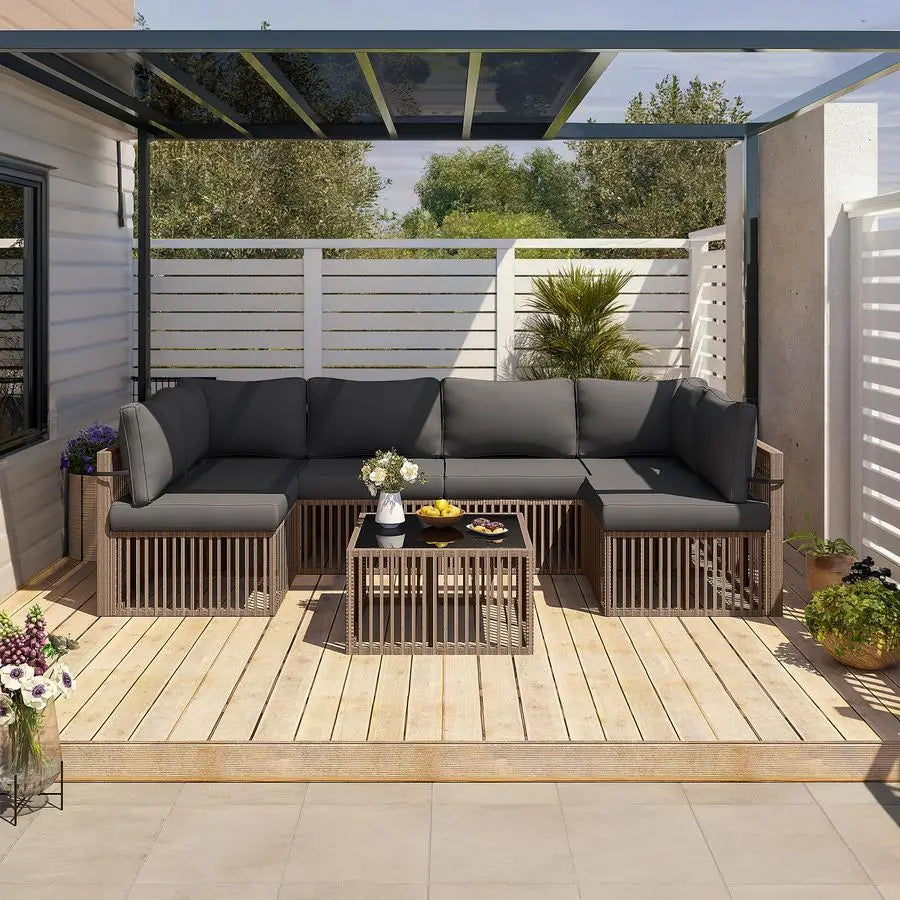 7 Piece Outdoor Sectional Sofa Set with Washable Cushions