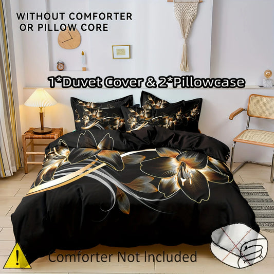 3pcs Polyester Golden Floral Pattern Quilt Cover Set