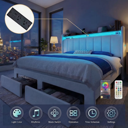 Bed Frame, 2 Storage Drawers/2-Tier Shelves with LED Lights & Charging Station