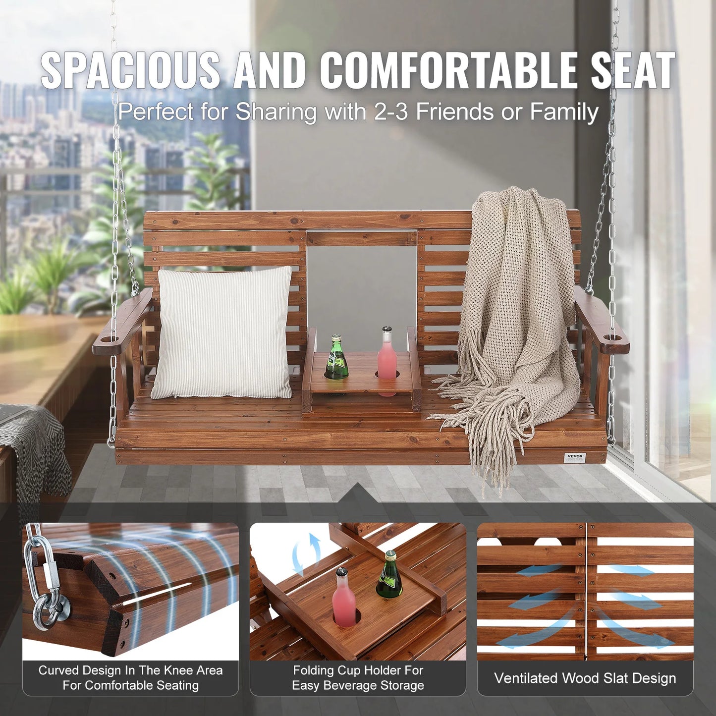 Wooden Porch Swing With Cup Holder/Console