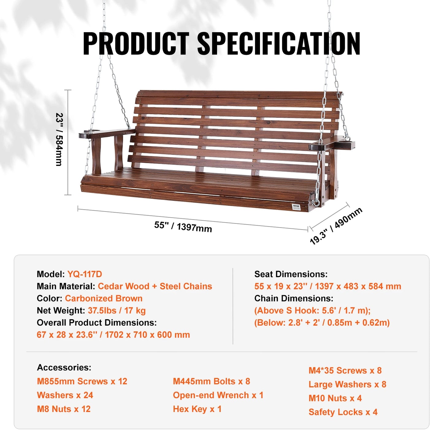 Wooden Porch Swing With Cup Holder/Console