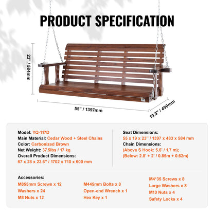 Wooden Porch Swing With Cup Holder/Console