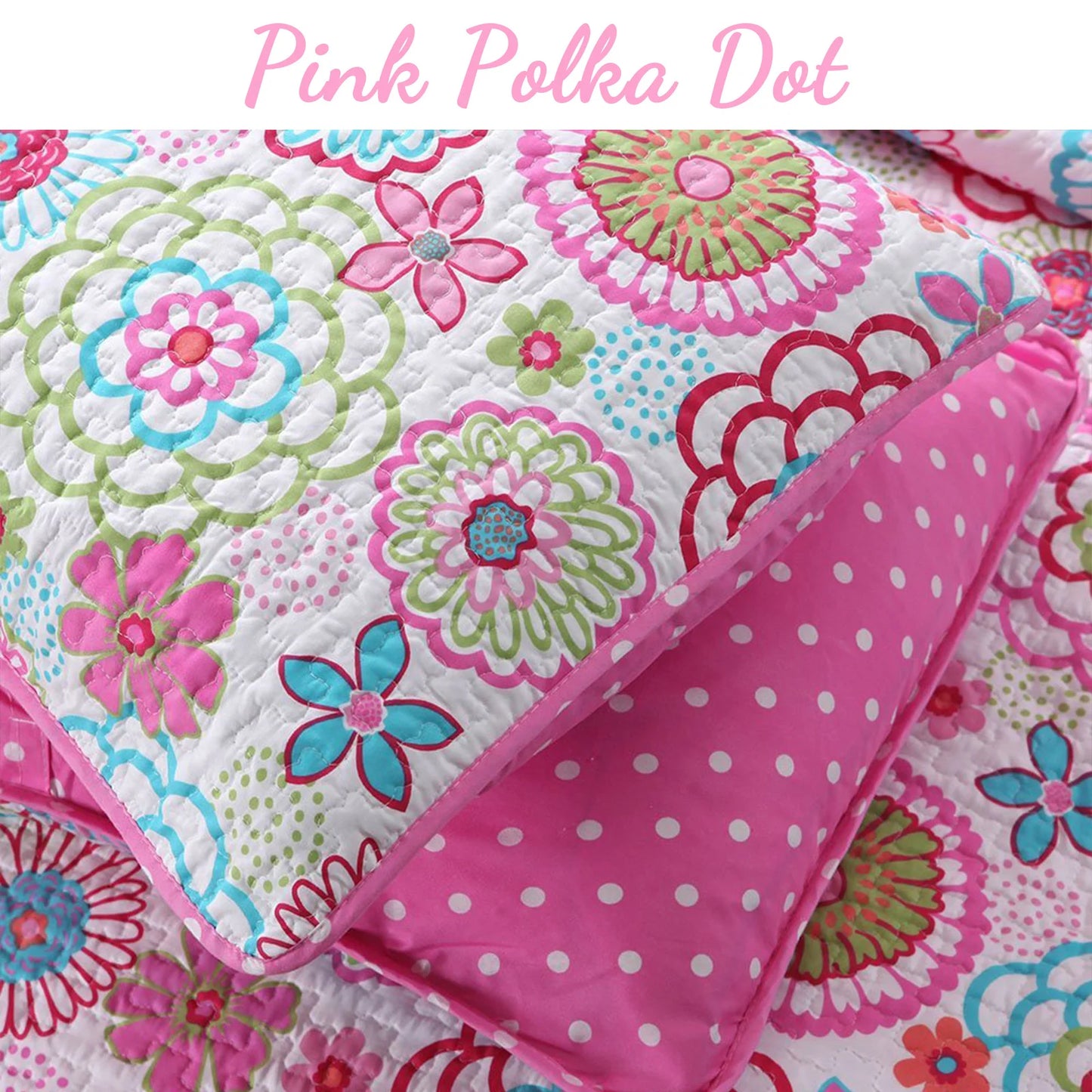 Pink Floral Blossom Polka Dot Reversible Quilt Bedding Set