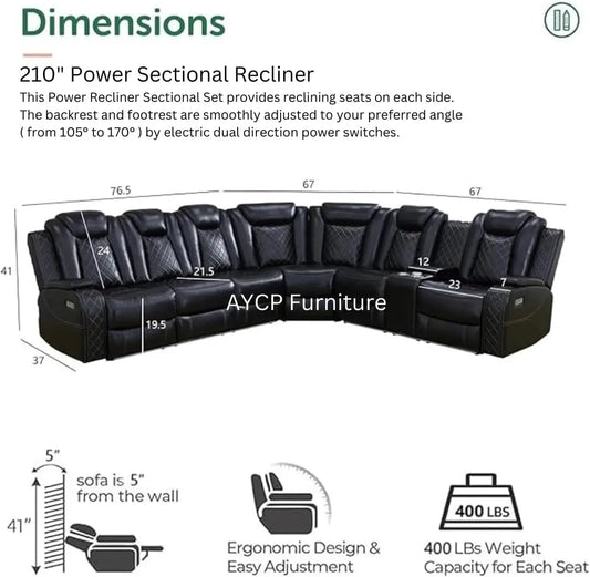 Power Leather Recliner Sectional with Chair, LED Lighting