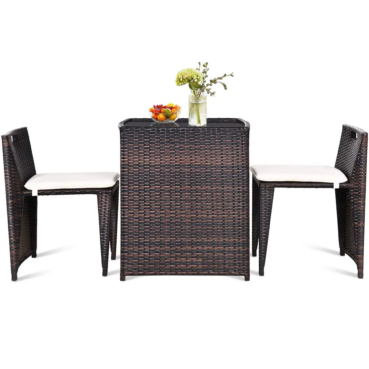 3 PCS Cushioned Outdoor Wicker Patio Bistro Set