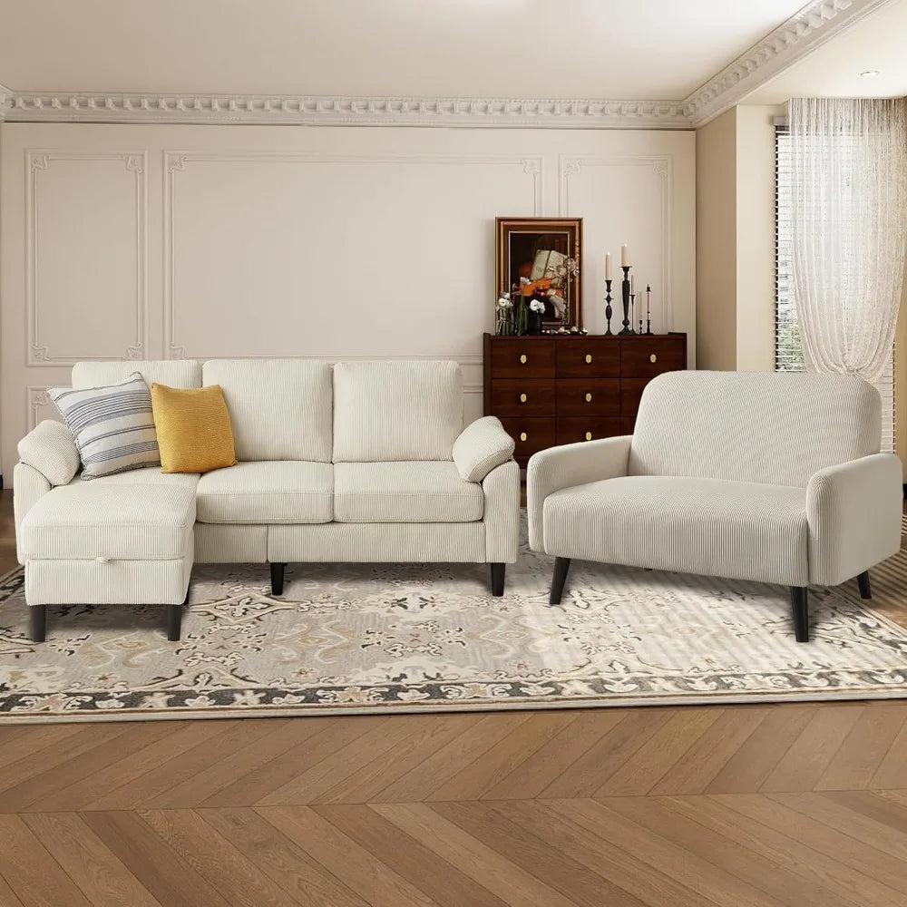 Corduroy Sectional Sofa Set with Storage Ottoman