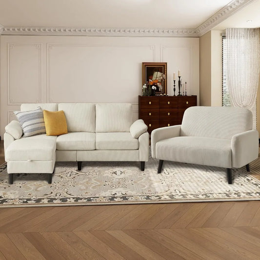 Corduroy Sectional Sofa Set with Storage Ottoman