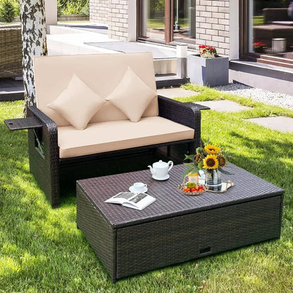 Reclining Patio Loveseat w/Multipurpose Ottoman & Retractable Side Tray