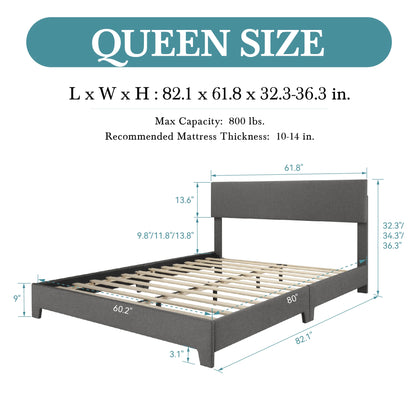 Linen Fabric Upholstered Bed Frame with Adjustable Headboard