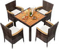 7 Piece Patio Dining Set, Wicker Patio Conversation Set with Wooden Table Top, Outdoor Table and Chairs with Soft Cushions for