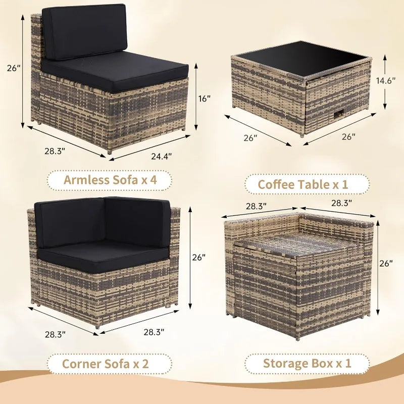 8 Piece Outdoor Wicker Patio Furniture Sectional Set With Glass Top Table