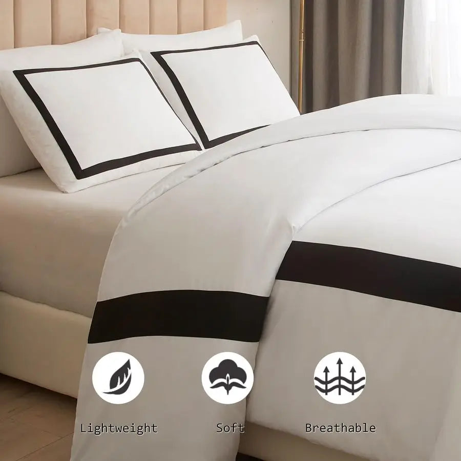 Hotel Duvet Cover Set Queen Size 3Pcs Microfiber Black Line Pattern