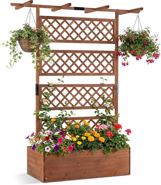 Wooden Planter Box with Trellis and Privacy Screen