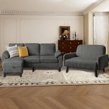 Corduroy Sectional Sofa Set with Storage Ottoman