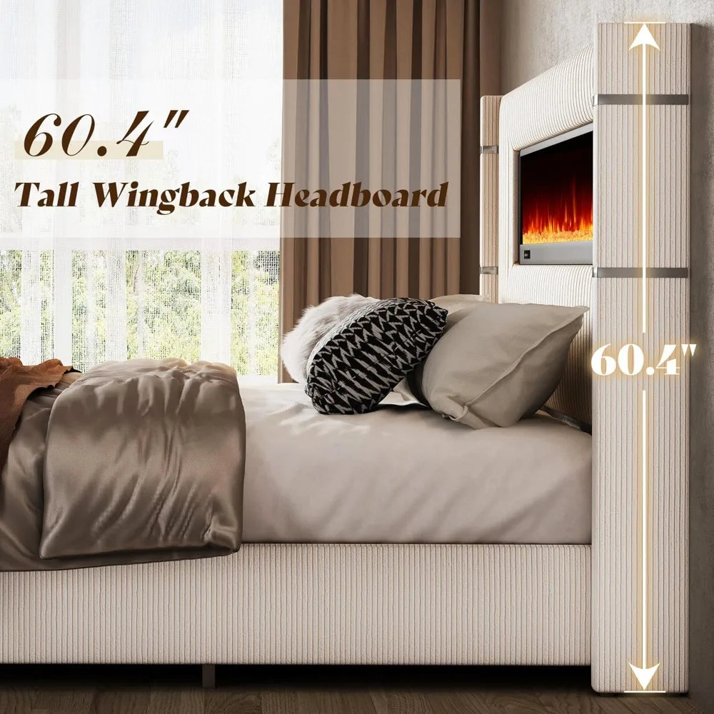 Modern Queen Size Bed Frame with Fireplace
