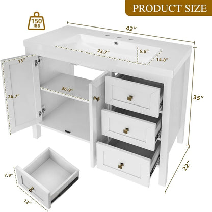 Contemporary 42" vanity with sink, 2 doors & 3 drawers storage cabinet