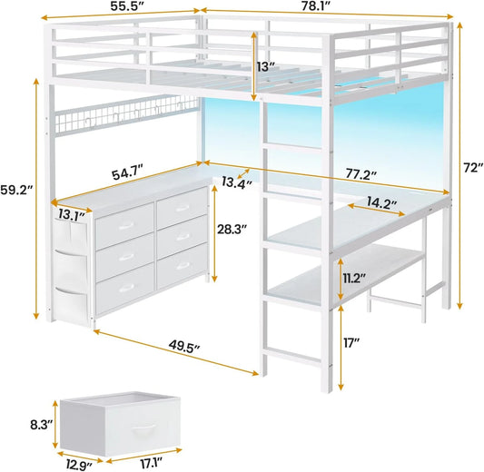 Loft Bed Full Size with U-Shaped Desk, 6 Storage Drawers
