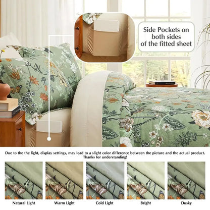 King Size Comforter 7 Piece Green Floral Bedding Set