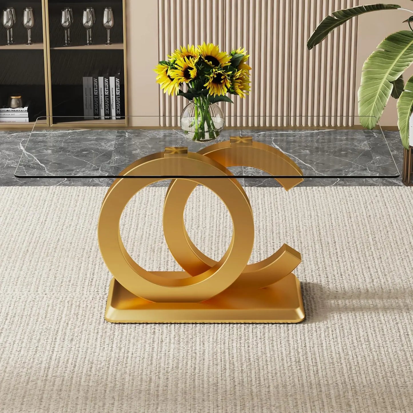 Modern Rectangular Marble Top Dining Table with Black Open-Concept Design Base
