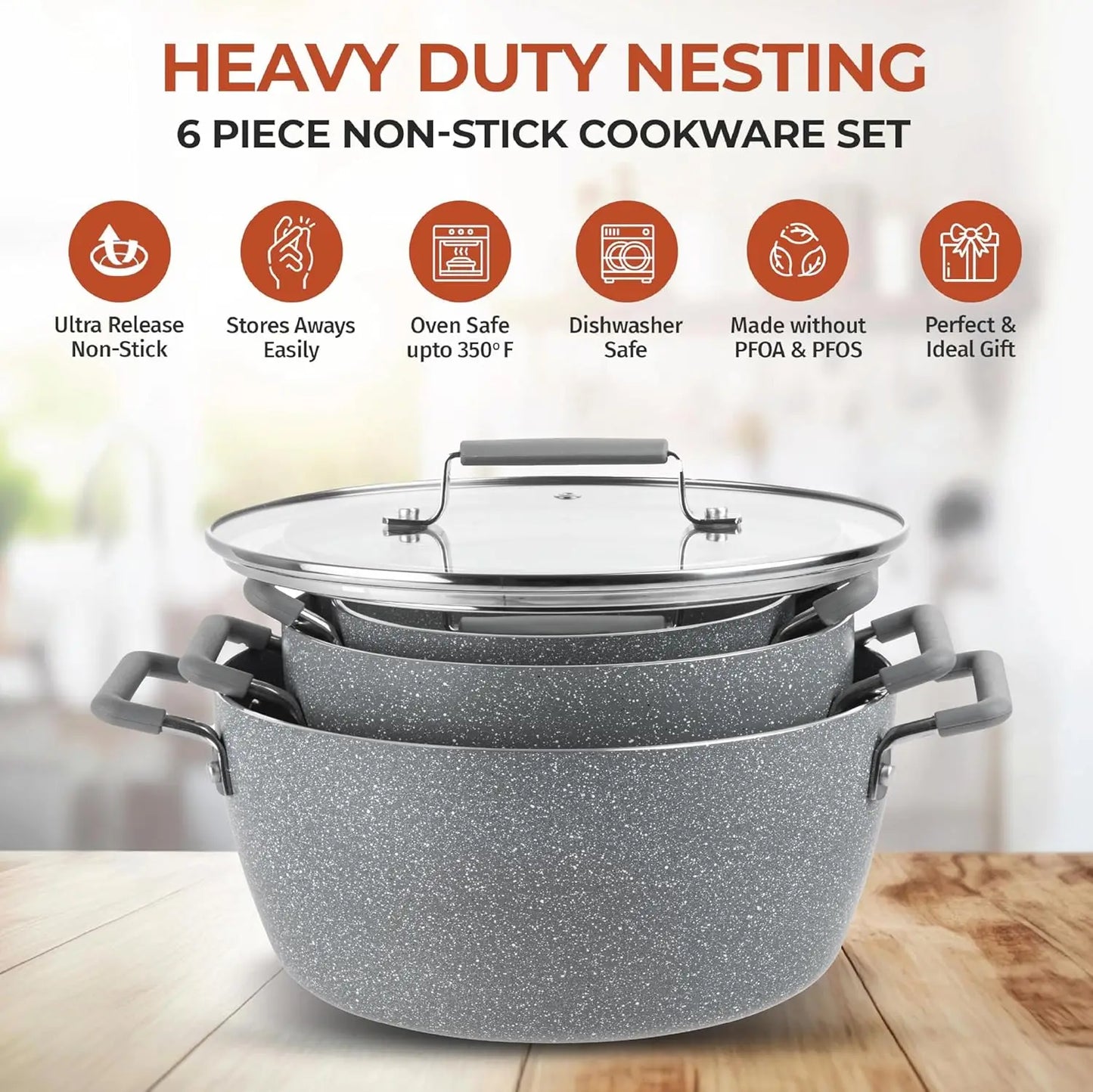 6-Piece Gray Granite Coating Nonstick Stackable Cooking Pots Set