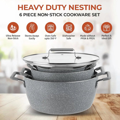 6-Piece Gray Granite Coating Nonstick Stackable Cooking Pots Set