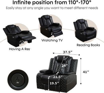 Power Leather Recliner Sectional with Chair, LED Lighting
