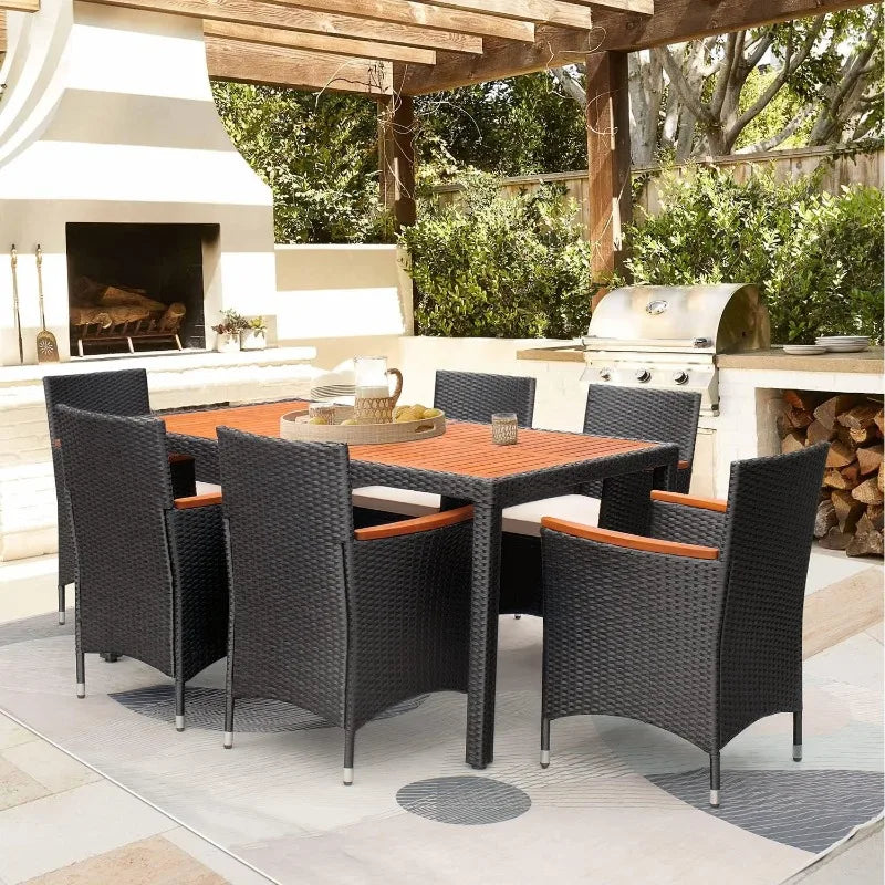 7 Piece Patio Acacia Wood Table and Chairs with Soft Cushions