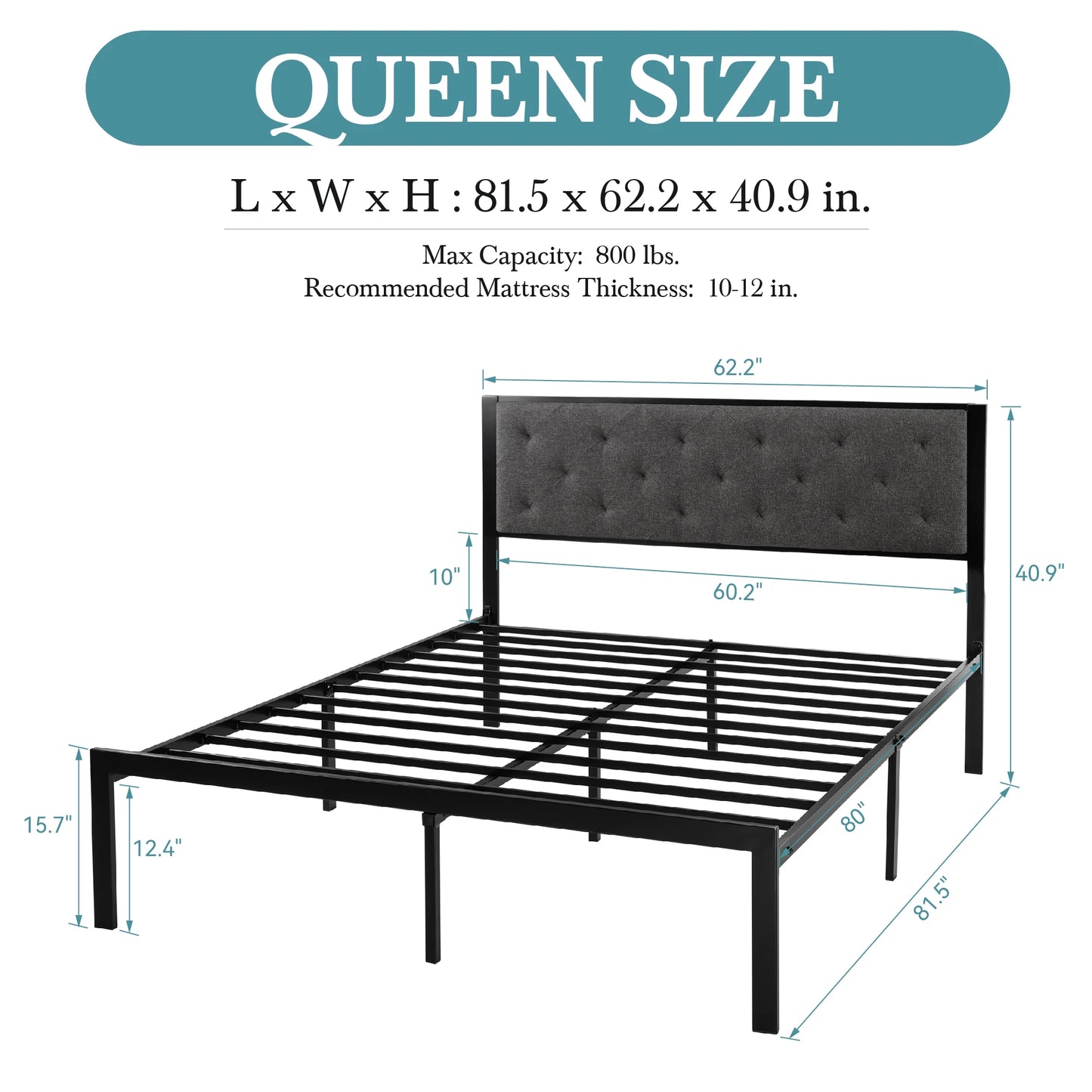 HOOMIC Metal Bed Frame with Upholstered Finely Stitched Headboard