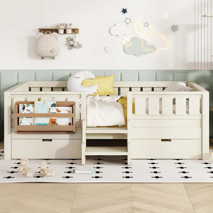Full Size Kids Montessori Bed Frame with Stairs Bookshelf Drawers