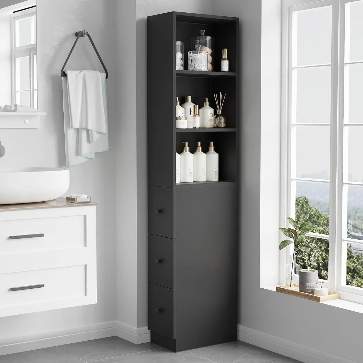Tall Narrow Bathroom Organizer with 3-Level Adjustable Shelves