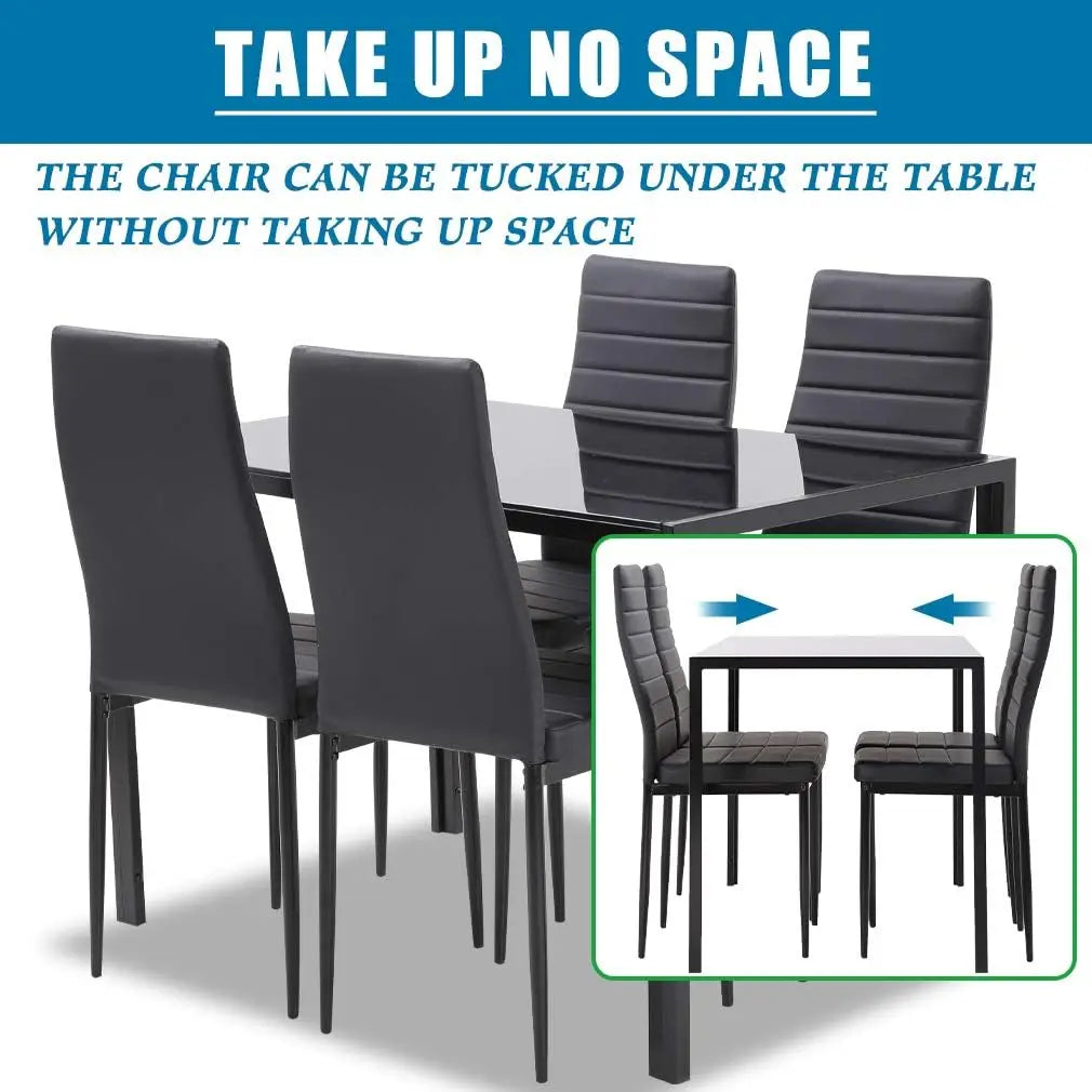 5-Piece Black Glass  Dining Table Set Kitchen Table with 4 Upholstered Chairs