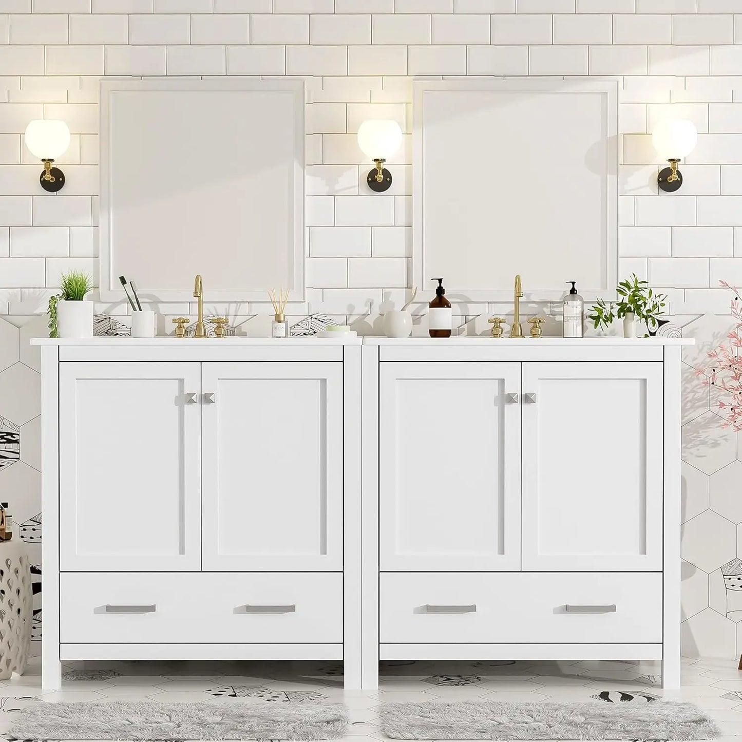60" Double Sink Bathroom Vanity, Solid Wood Cabinet Storage Drawers