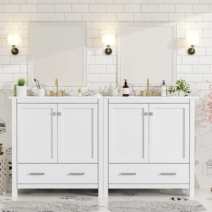 60" Double Sink Bathroom Vanity, Solid Wood Cabinet Storage Drawers