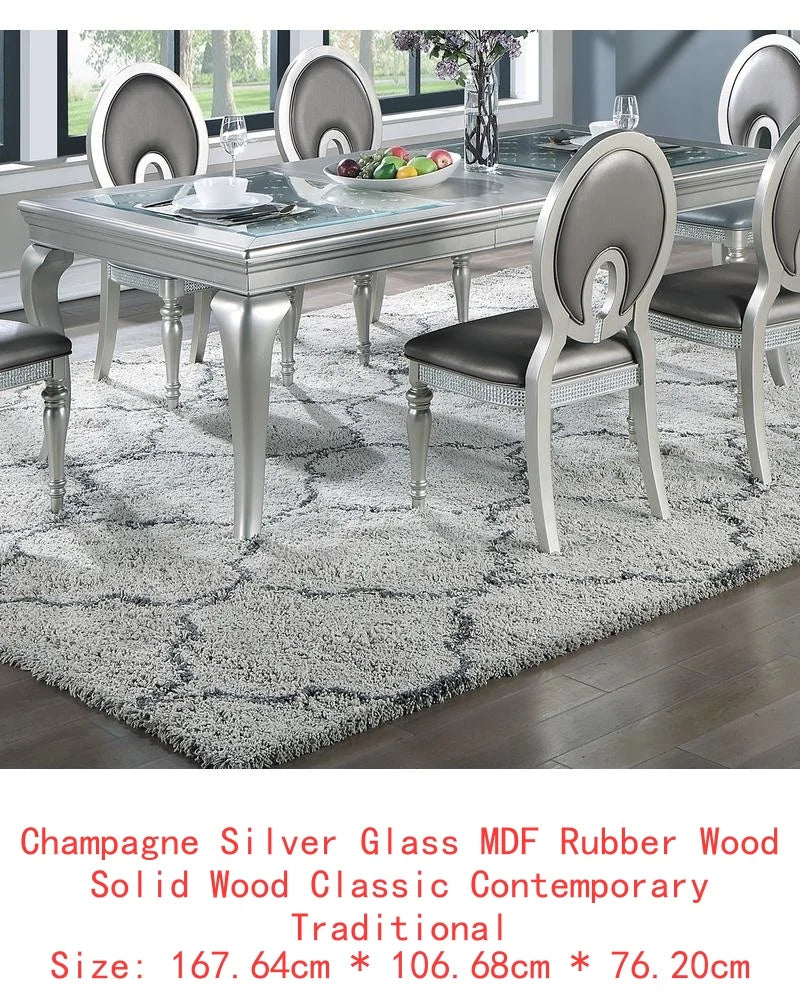 7pc Rect. Glass Dining Table w/ Silver Hue & 6 Tufted Chairs