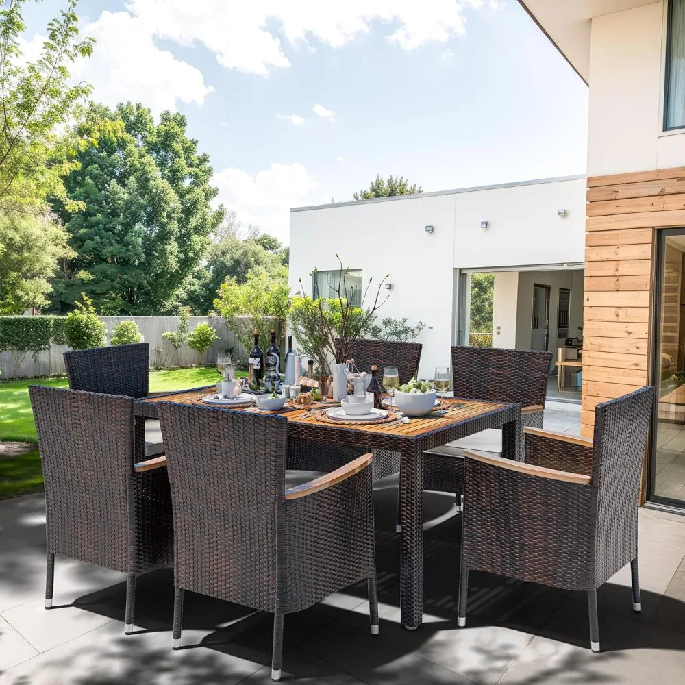 7 Piece Patio Dining Set, Wicker Patio Conversation Set with Wooden Table Top, Outdoor Table and Chairs with Soft Cushions for