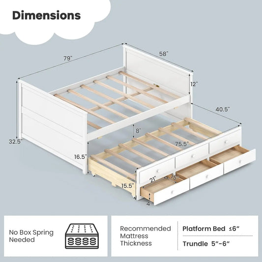 Full Size Bed Frame with Twin Trundle & 3 Drawers