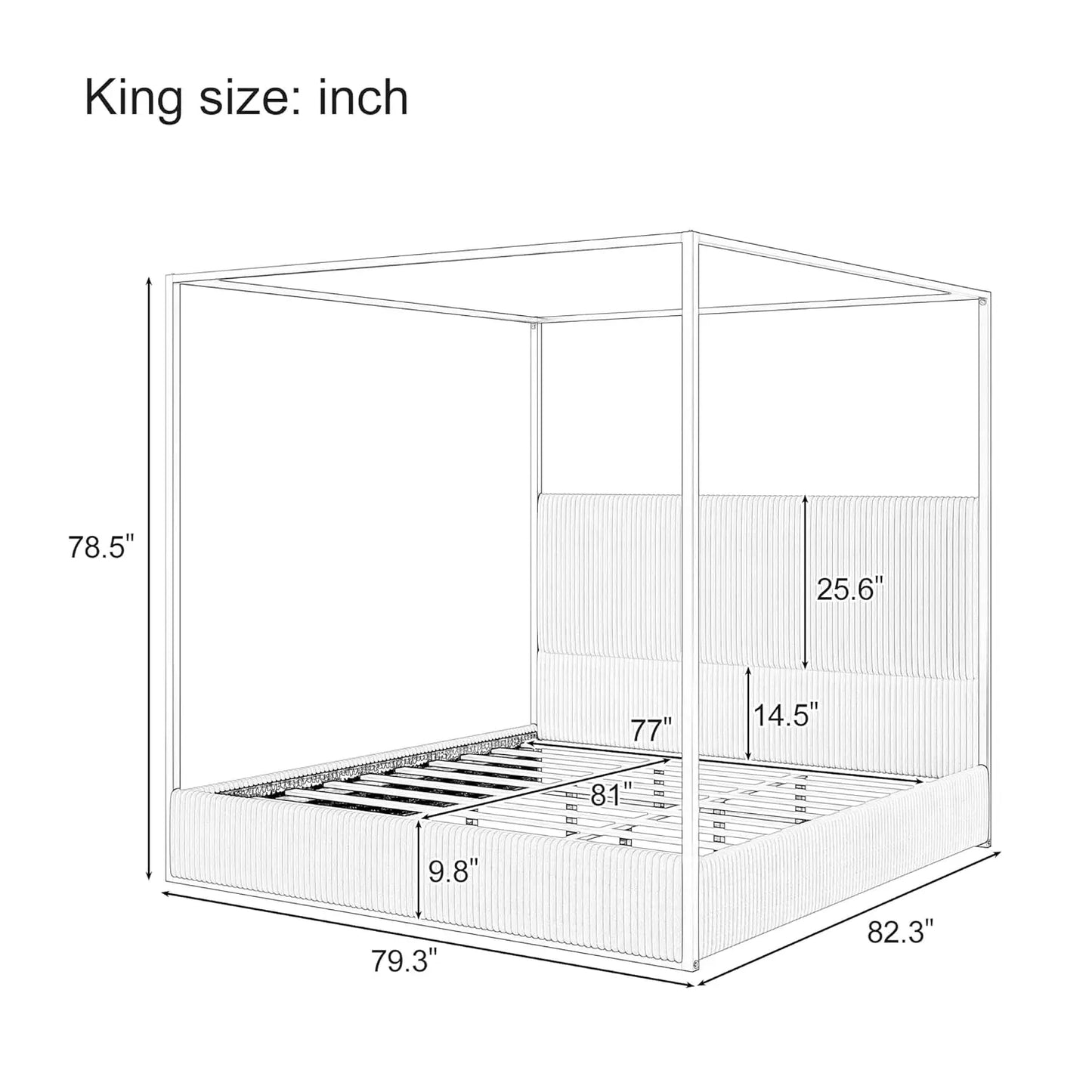 King Size Metal Canopy Bed Frame with Tall Corduroy Upholstered Headboard