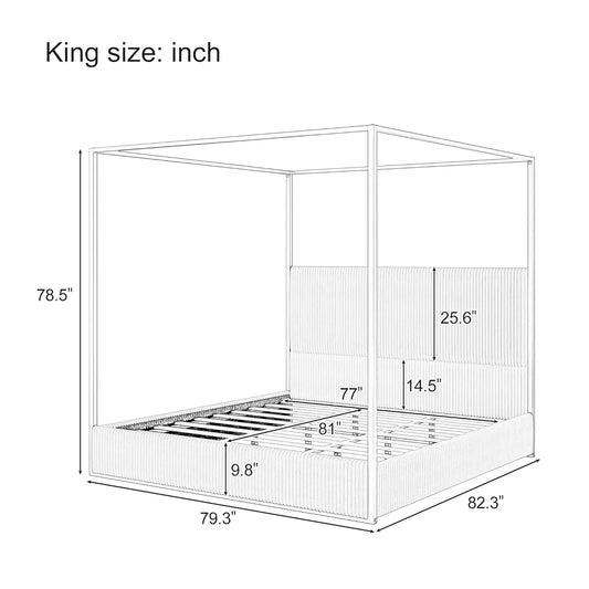 King Size Metal Canopy Bed Frame with Tall Corduroy Upholstered Headboard