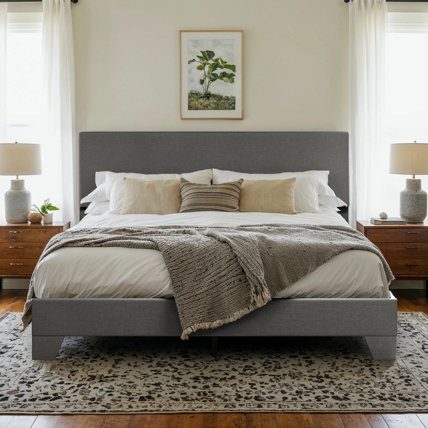 Linen Fabric Upholstered Bed Frame with Adjustable Headboard