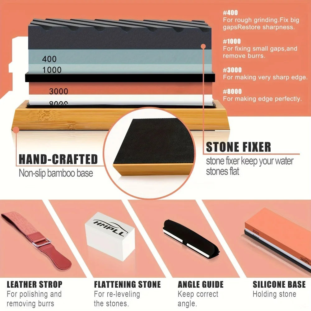 Professional Knife Sharpening Stone Set – 400/1000/3000/8000 Grit Whetstones