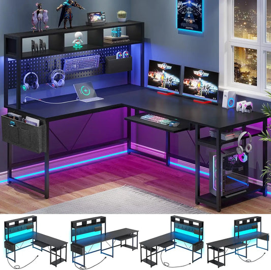 L-Shaped Gaming Desk, Reversible, Pegboard, Led Lights