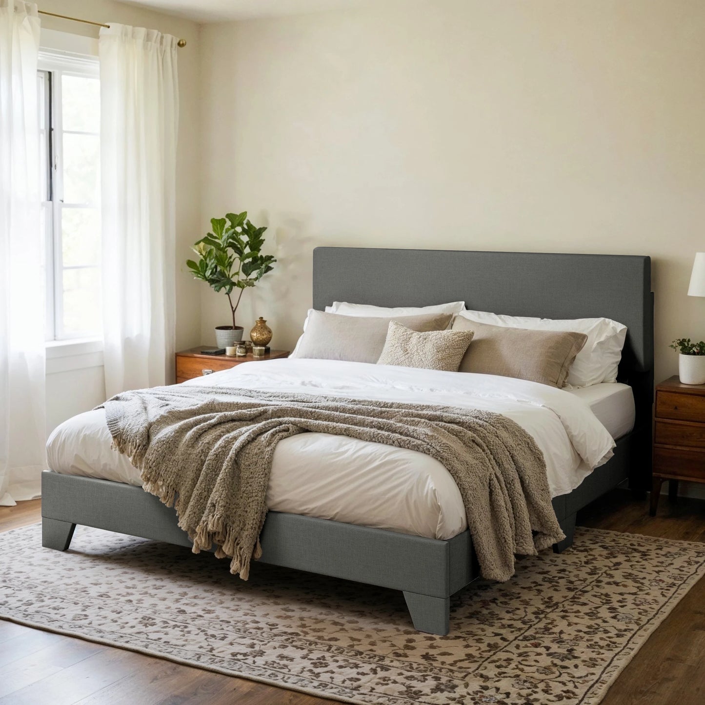 Linen Fabric Upholstered Bed Frame with Adjustable Headboard