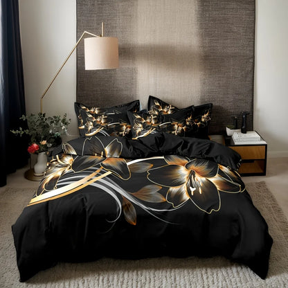 3pcs Polyester Golden Floral Pattern Quilt Cover Set